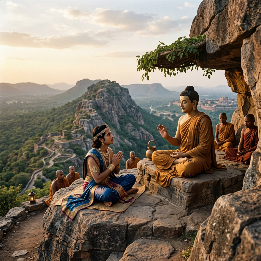 Buddha teaching a prince on a rocky mountain ledge with monks in the background