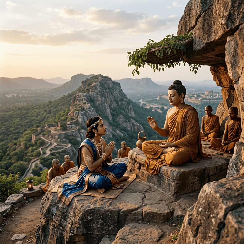 Buddha teaching a prince on a rocky mountain ledge with monks in the background