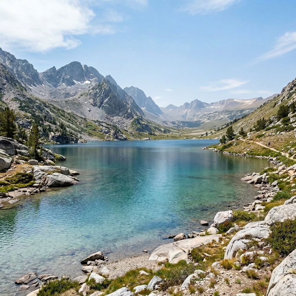 Clear blue mountain lake with rocky shores and towering peaks