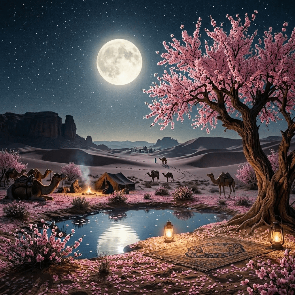 Man sitting by a desert pond at night with lanterns, tents, camels, and a full moon
