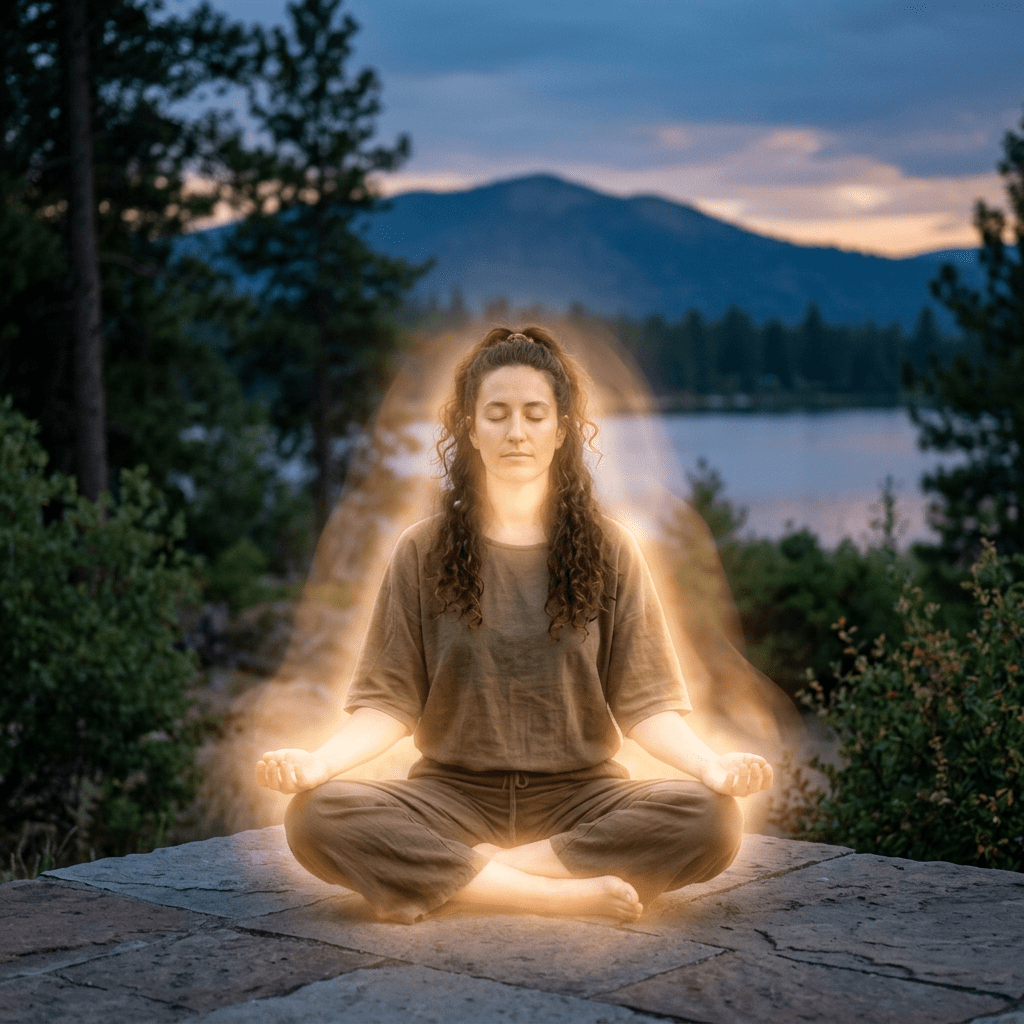 Woman sitting cross-legged meditating outdoors with glowing aura near lake