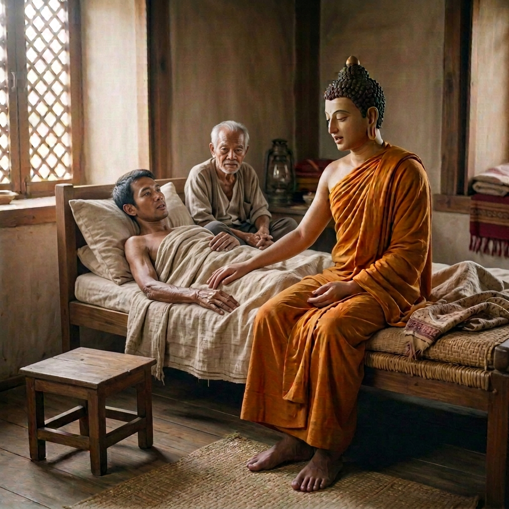 Buddhist monk comforting a man resting in bed as another man watches