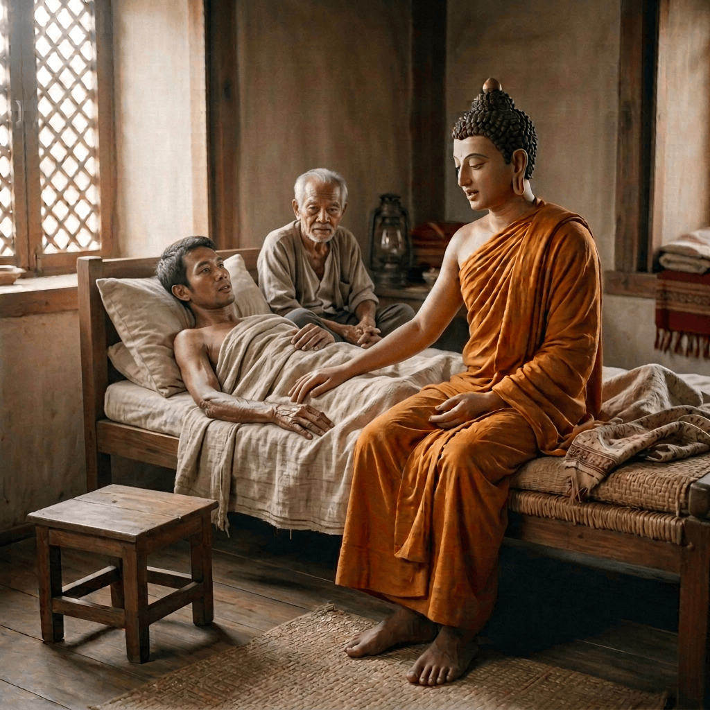 Buddhist monk comforting a man resting in bed as another man watches
