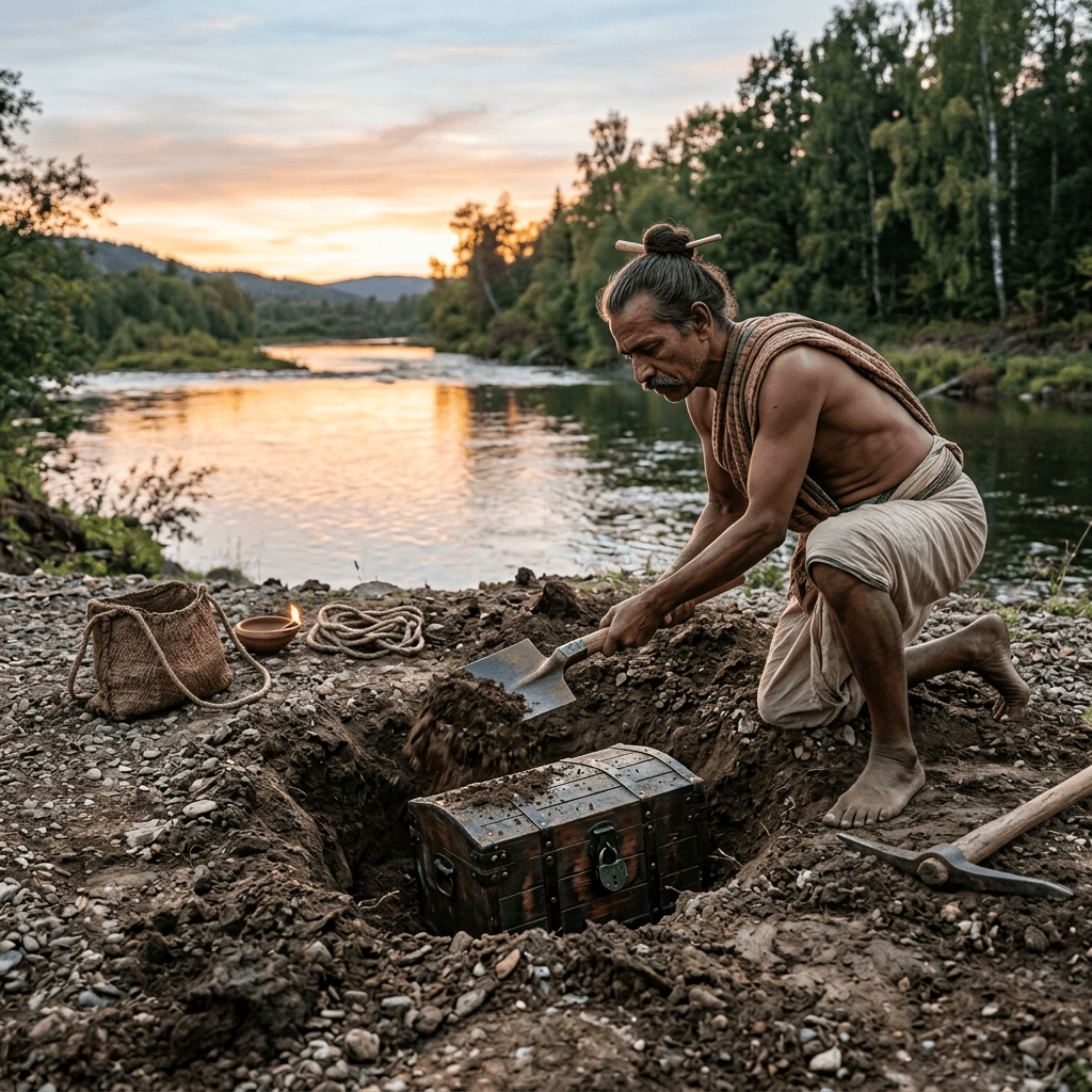Man digging beside a river with a treasure chest and tools